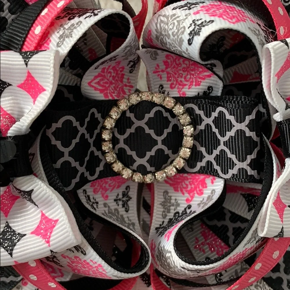 OTT Black & Pink Hair Bow snap clip rhinestones